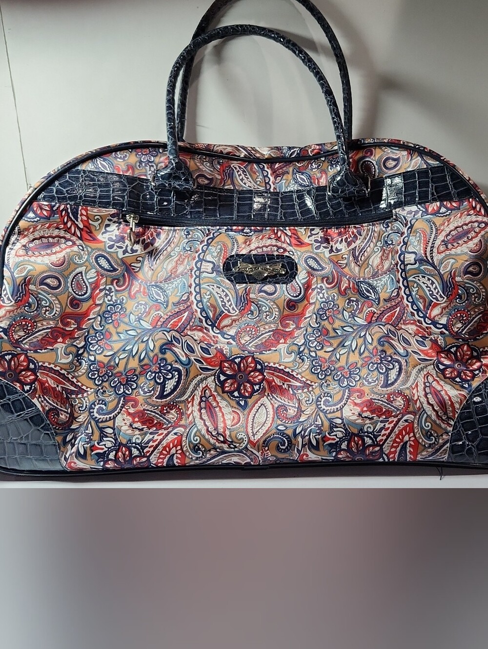 Kathy Van Zeeland Multicolor Paisley Rolling Travel Bag with Navy Croc Trim